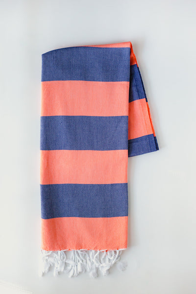 Coral and Navy Stripes Turkish Towel